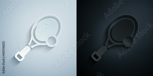 Paper cut Tennis racket with ball icon isolated on grey and black background. Sport equipment. Paper art style. Vector