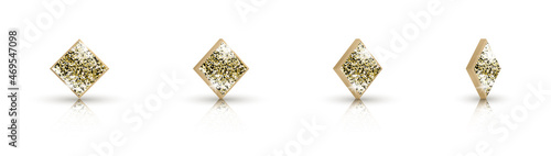 Set of 3d icons suit of diamonds with golden glitter isolated on white background. The suit of playing cards is rotated at different angles. Vector symbols for casino, apps and websites or game design