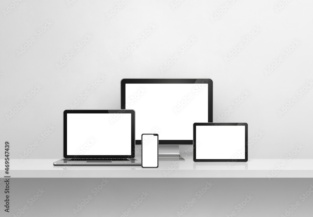 Computer, laptop, mobile phone and digital tablet pc. white concrete shelf banner Computer, laptop, mobile phone and digital tablet pc. white concrete shelf banner
