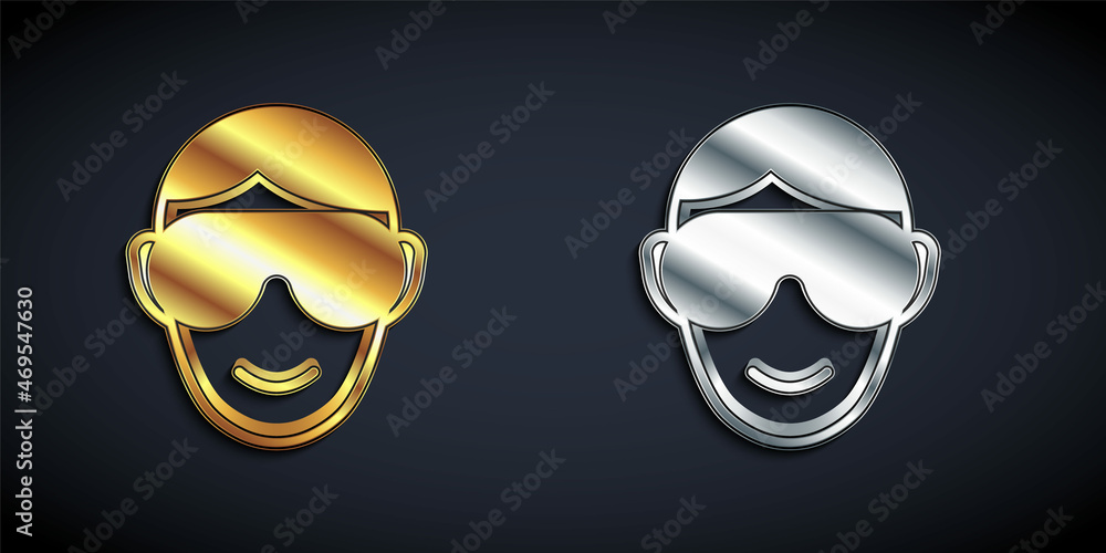 Gold and silver Eye sleep mask icon isolated on black background. Sleeping mask. Long shadow style. Vector Gold and silver Eye sleep mask icon isolated on black background. Sleeping mask. Long shadow style. Vector