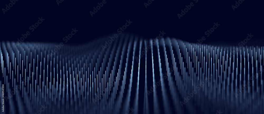 Abstract wave with moving dots. Flow of particles. Cyber technology illustration. 3d rendering - obrazy, fototapety, plakaty 