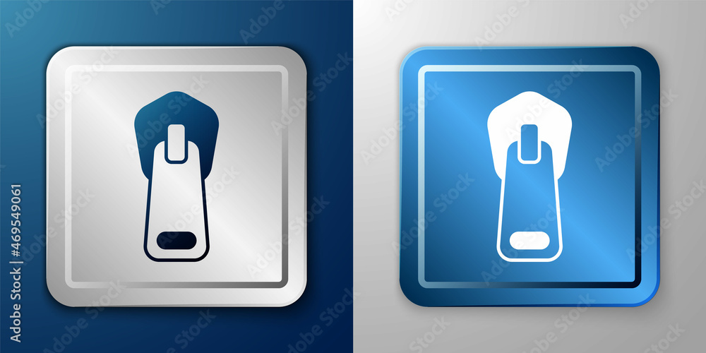 White Zipper icon isolated on blue and grey background. Silver and blue square button. Vector White Zipper icon isolated on blue and grey background. Silver and blue square button. Vector