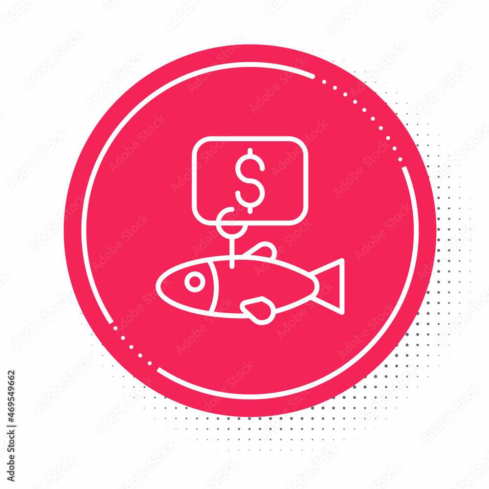 White line Price tag for fish icon isolated on white background. Red circle button. Vector