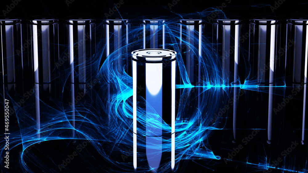 An innovative new battery in the 4680 format. One cell with artistic flare effect stands in front of the other new cells. Energy flows around central cell. 3D rendering - obrazy, fototapety, plakaty 