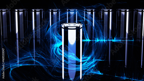An innovative new battery in the 4680 format. One cell with artistic flare effect stands in front of the other new cells. Energy flows around central cell. 3D rendering photo
