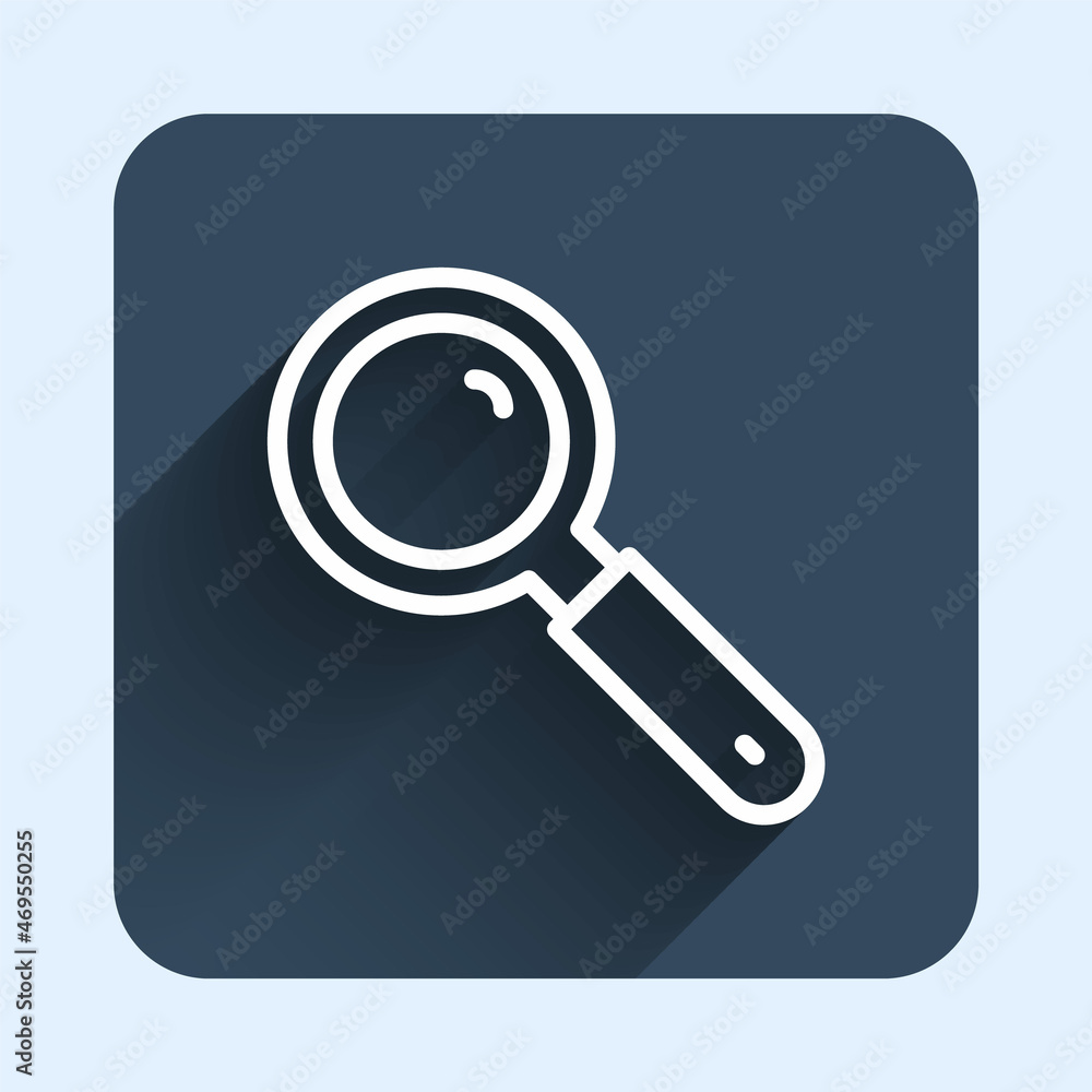 White line Magnifying glass icon isolated with long shadow background. Search, focus, zoom, business symbol. Blue square button. Vector White line Magnifying glass icon isolated with long shadow background. Search, focus, zoom, business symbol. Blue square button. Vector
