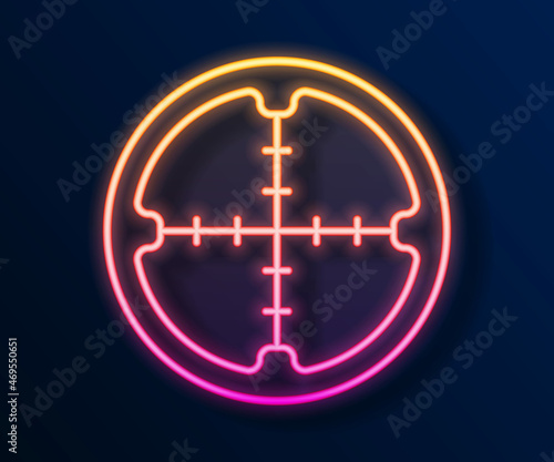 Glowing neon line Sniper optical sight icon isolated on black background. Sniper scope crosshairs. Vector