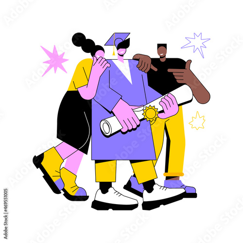 Graduation abstract concept vector illustration. Graduation day, getting an academic degree, announcements, caps in air, happy students with diploma, parents congratulate, prom abstract metaphor.