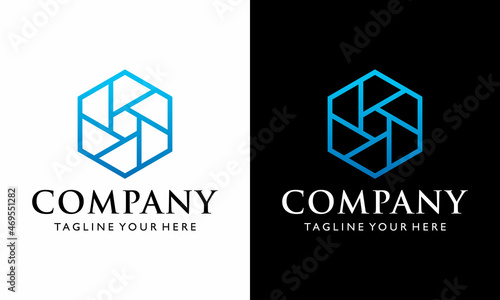camera Logo with Hexagon design vector template on a black and white background.