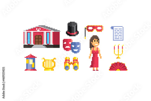Huge collection of theater pixel icons. Element design for logo, stickers, web, embroidery and mobile app. Isolated vector illustration. 8-bit sprite.