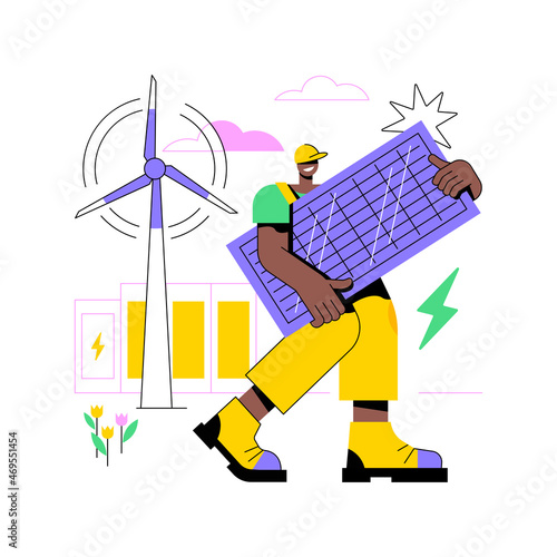 Renewable energy abstract concept vector illustration. Renewable energy sources, power resources, rural clean energy services, wind turbine, solar panels, eco green house abstract metaphor.