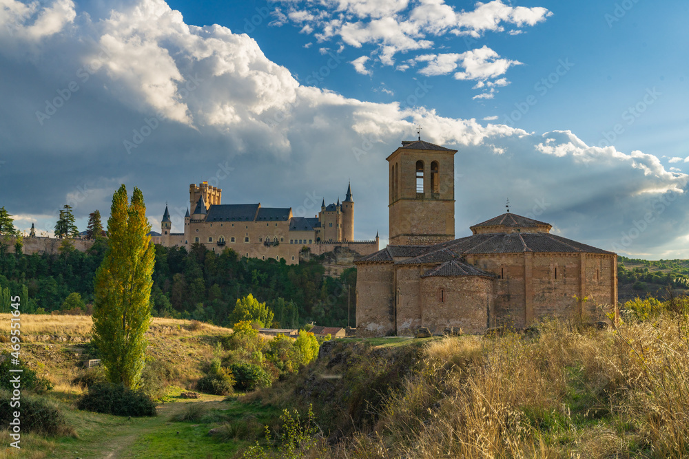 View of the Iglesia de la Vera Cruz and the Alcazar in the city of Segovia in Spain 