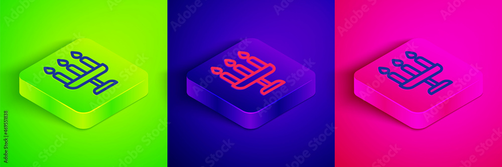 Isometric line Candelabrum with three candlesticks icon isolated on green, blue and pink background. Square button. Vector Isometric line Candelabrum with three candlesticks icon isolated on green, blue and pink background. Square button. Vector