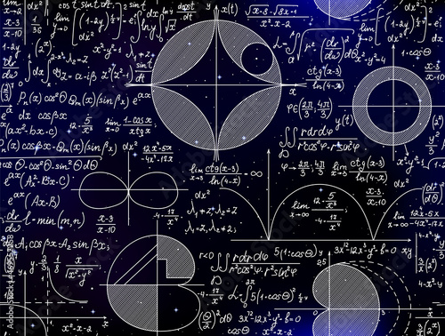 Science vector seamless background with math figures, plots and formulas, handwritten on the starry space sky