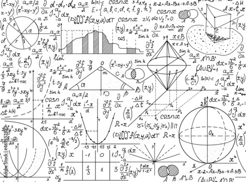 Math scientific vector seamless pattern with handwritten formulas, figures and calculations. You can use any color of background	
