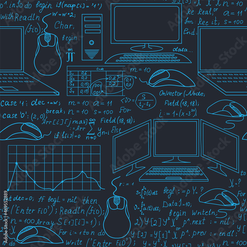 Programming technical vector seamless pattern with code, program flow diagrams, formulas, technical devices and schemes, handwritten on grey background