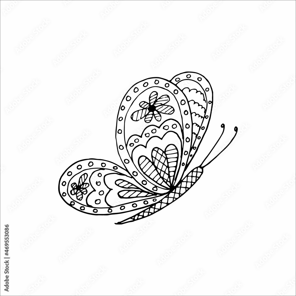Hand-drawn butterfly doodle element for coloring, invitation, postcard ...
