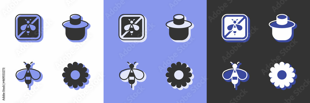 Set Flower, Stop bee, Bee and Beekeeper with protect hat icon. Vector Set Flower, Stop bee, Bee and Beekeeper with protect hat icon. Vector