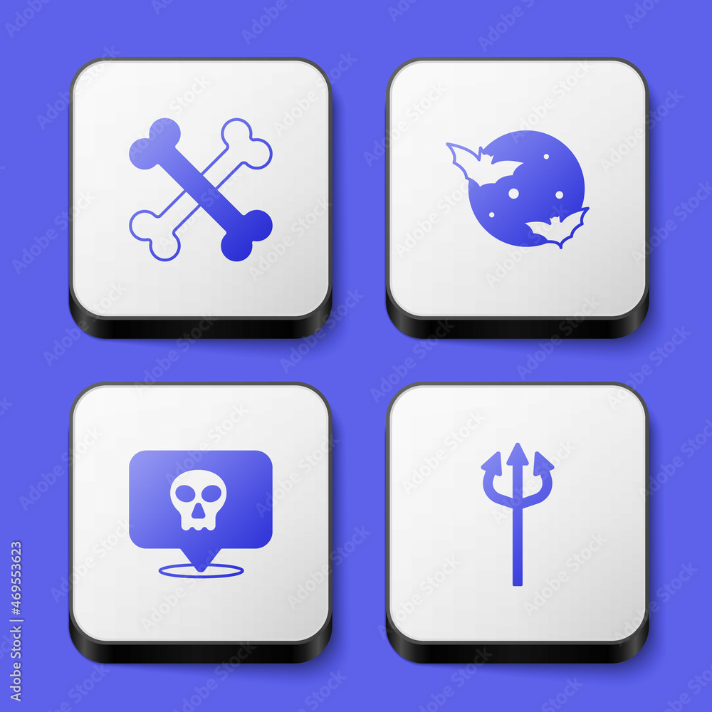 Set Crossed bones, Moon and stars, Skull and Trident devil icon. White square button. Vector Set Crossed bones, Moon and stars, Skull and Trident devil icon. White square button. Vector