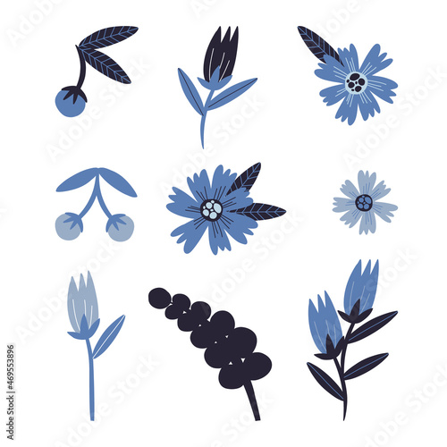 Retro ethnical floral set. Folk bell-flowers, chamomiles, daisy, cherries, leaves, brunch