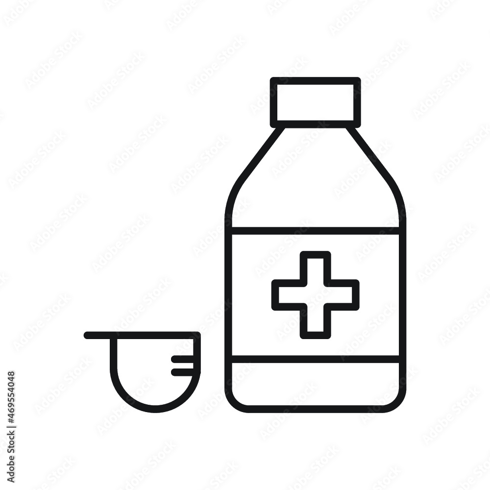 Mixture line icon. Syrup, bottle, cough, measuring cap Mixture line icon. Syrup, bottle, cough, measuring cap