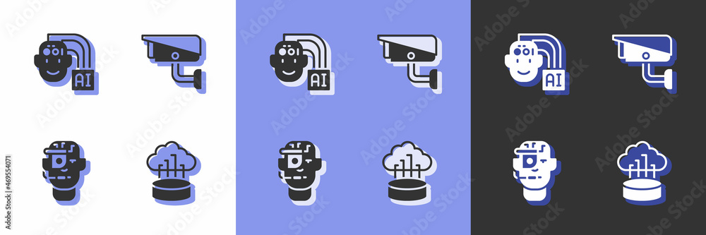 Set Network cloud connection, Humanoid robot, Smart glasses spectacles and Security camera icon. Vector Set Network cloud connection, Humanoid robot, Smart glasses spectacles and Security camera icon. Vector