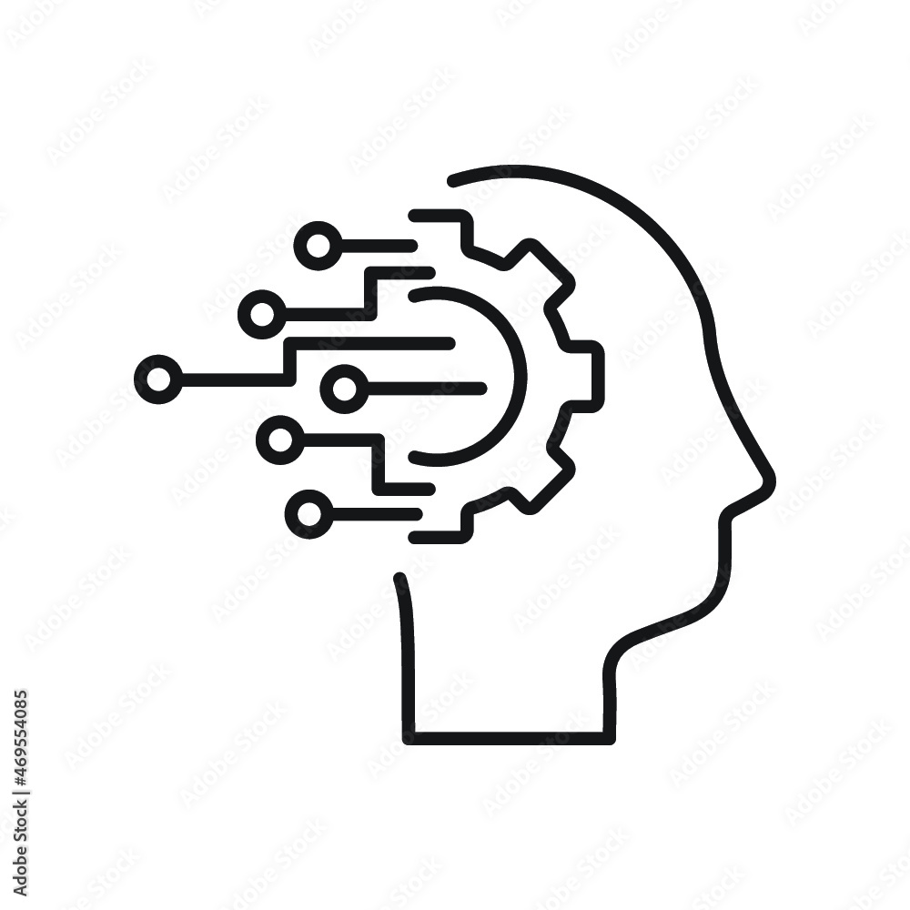 Engineer mind thin line icon. Gear, head, AI, neural circuit isolated outline sign. Artificial intelligence concept. Engineer mind thin line icon. Gear, head, AI, neural circuit isolated outline sign. Artificial intelligence concept.
