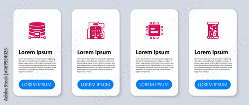 Set Cryogenic capsules, Processor CPU, Futuristic sliding doors and Cloud database. Business infographic template. Vector