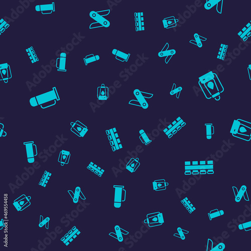 Set Thermos container, Camping lantern, Swiss army knife and Hunting cartridge belt on seamless pattern. Vector
