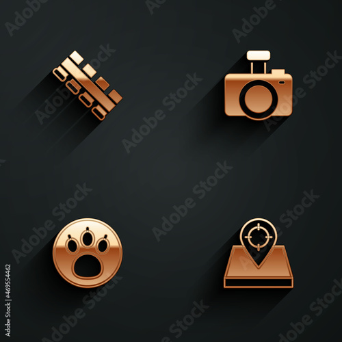 Set Hunting cartridge belt, Photo camera, Paw search and place icon with long shadow. Vector