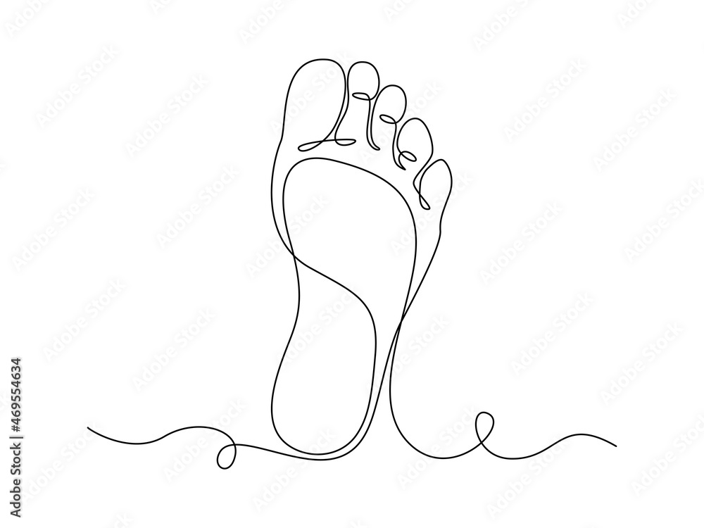 One continuous line drawing of bare foot. Elegance female leg in simple linear style. Concept of Wellness healthy massage and Care about skin. Editable stroke. Doodle vector illustration One continuous line drawing of bare foot. Elegance female leg in simple linear style. Concept of Wellness healthy massage and Care about skin. Editable stroke. Doodle vector illustration