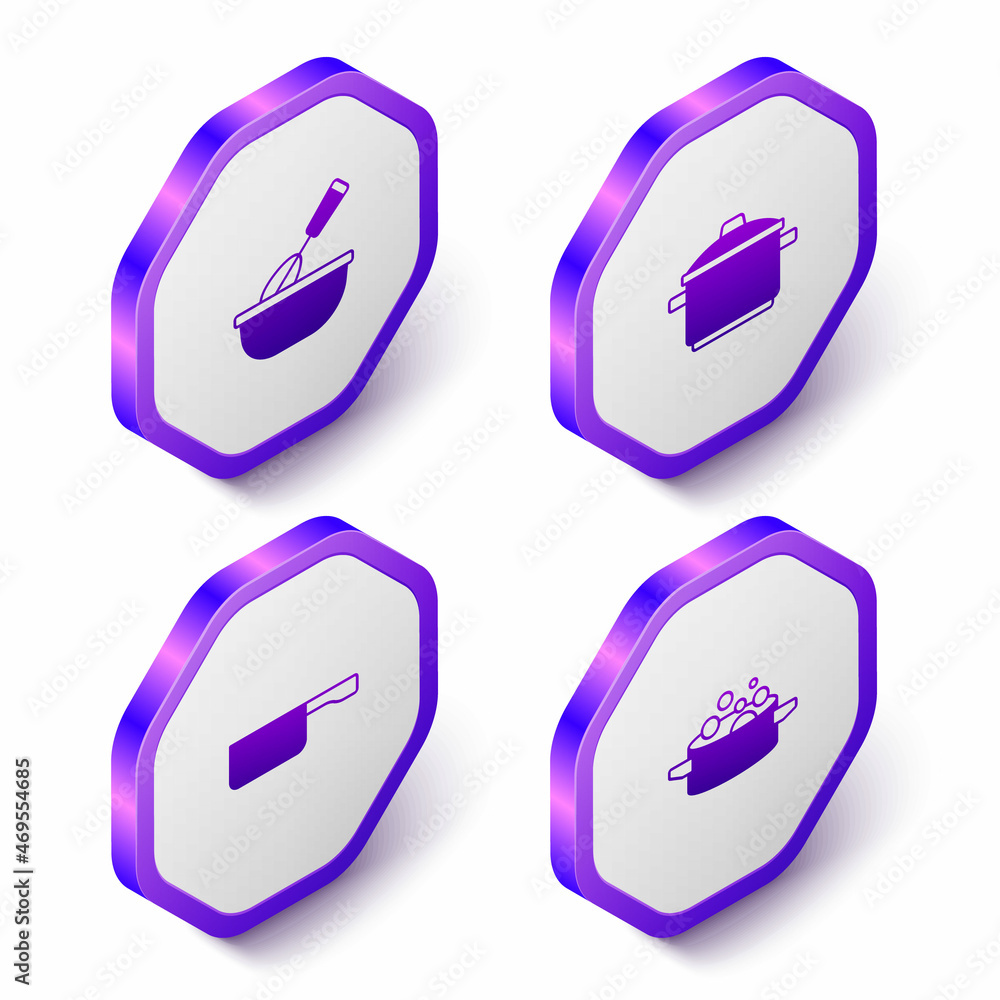 Set Isometric Cooking whisk with bowl, pot, Frying pan and icon. Purple hexagon button. Vector Set Isometric Cooking whisk with bowl, pot, Frying pan and icon. Purple hexagon button. Vector