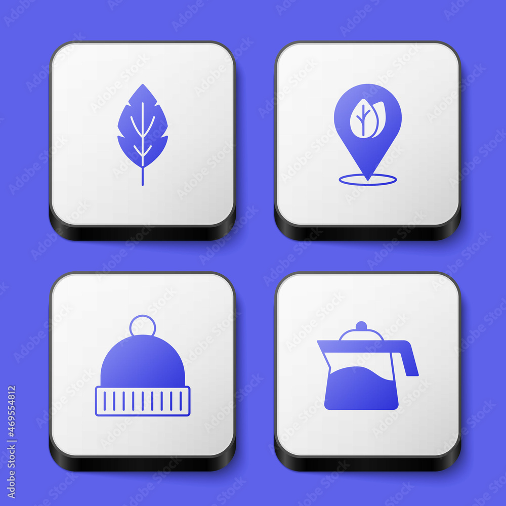 Set Leaf, Location with leaf, Winter hat and Teapot icon. White square button. Vector