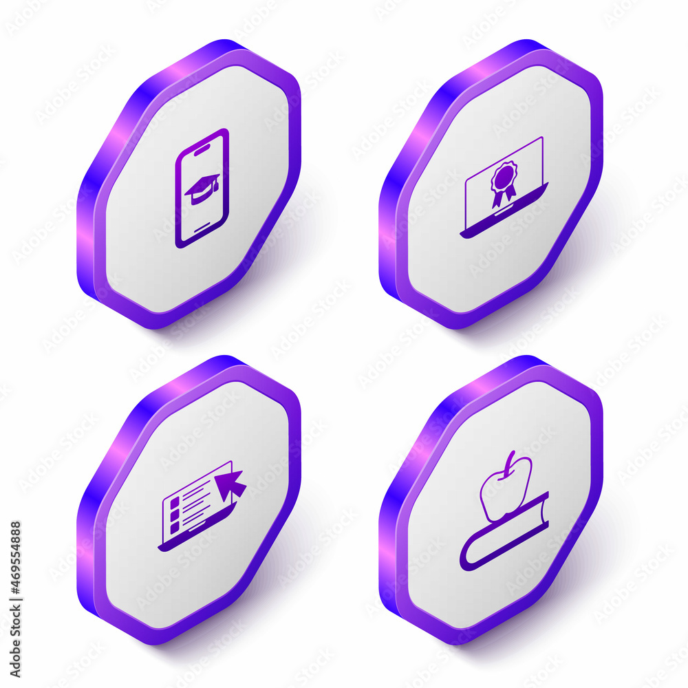 Set Isometric Graduation cap on mobile, Online education with diploma, quiz, test, survey and Book apple icon. Purple hexagon button. Vector Set Isometric Graduation cap on mobile, Online education with diploma, quiz, test, survey and Book apple icon. Purple hexagon button. Vector