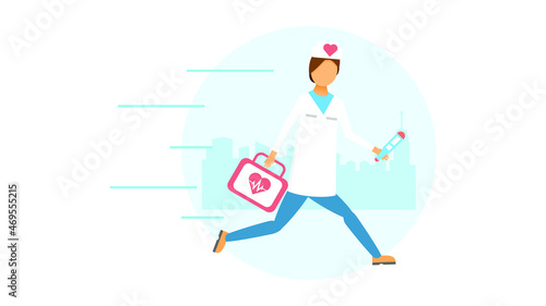 Abstract Flat Man Doctor With Thermometer And First Aid Kit Running To The Rescue Cartoon People Character Concept Illustration Vector Design Style