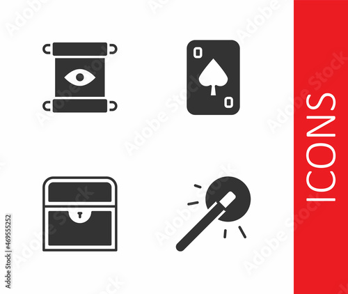 Set Magic wand, scroll, Antique treasure chest and Playing cards icon. Vector