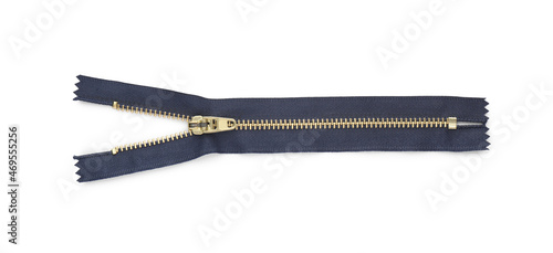 Dark blue zipper isolated on white, top view photo