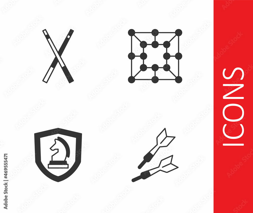 Set Dart arrow, Crossed billiard cues, Chess and Board game icon. Vector Set Dart arrow, Crossed billiard cues, Chess and Board game icon. Vector