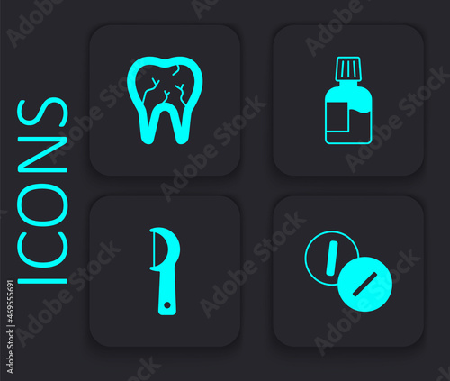 Set Toothache painkiller tablet, Broken tooth, Mouthwash and Dental floss icon. Black square button. Vector