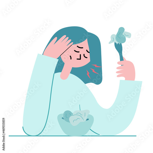 The girl suffers from anorexia. Forced adherence to a strict diet due to an eating disorder. Flat vector illustration