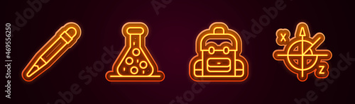 Set line Pencil with eraser, Test tube, School backpack and Trigonometric circle. Glowing neon icon. Vector