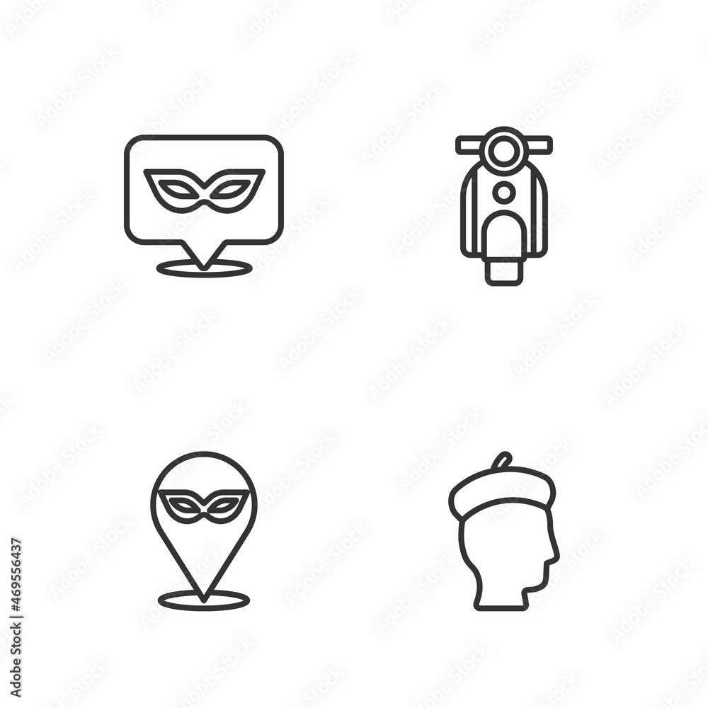 Set line French man, Carnival mask, and Scooter icon. Vector Set line French man, Carnival mask, and Scooter icon. Vector
