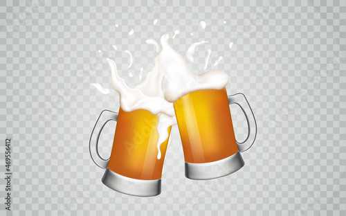 Cold drink with white foam on a checkered background.Glass mugs beer.Glass mugs beer.