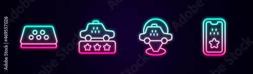 Set line Taxi car roof, service rating, Location taxi and mobile app. Glowing neon icon. Vector