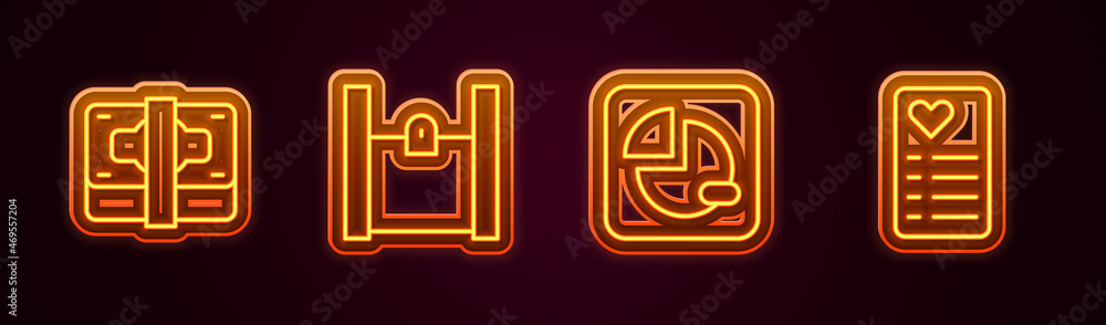 Set line Stacks paper money cash, Paper shopping bag, Pie chart infographic and Shopping list. Glowing neon icon. Vector Set line Stacks paper money cash, Paper shopping bag, Pie chart infographic and Shopping list. Glowing neon icon. Vector