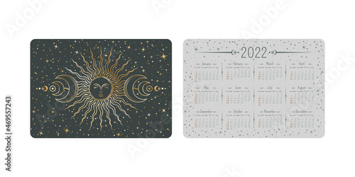 Vector tarot pocket year 2022 calendar with mystic shining golden linear sun with sleeping face, crescents and stars. Two-sided card template with astral magical outline cover in boho style