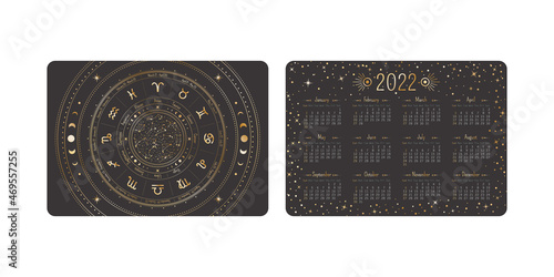Vector horizontal tarot pocket year 2022 calendar with ornate golden zodiac circle, horoscope symbols and linear constellations. Two-sided card template with mystic outline illustration in boho style
