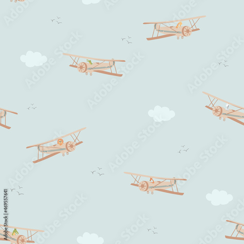 seamless pattern with cartoon airplane and wild african animals