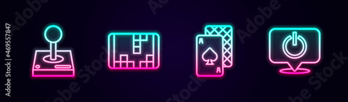 Set line Joystick for arcade machine, Portable video game console, Playing cards and Power button. Glowing neon icon. Vector