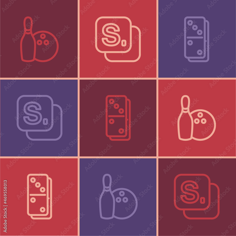 Set line Bowling pin and ball, Domino and Bingo icon. Vector Set line Bowling pin and ball, Domino and Bingo icon. Vector